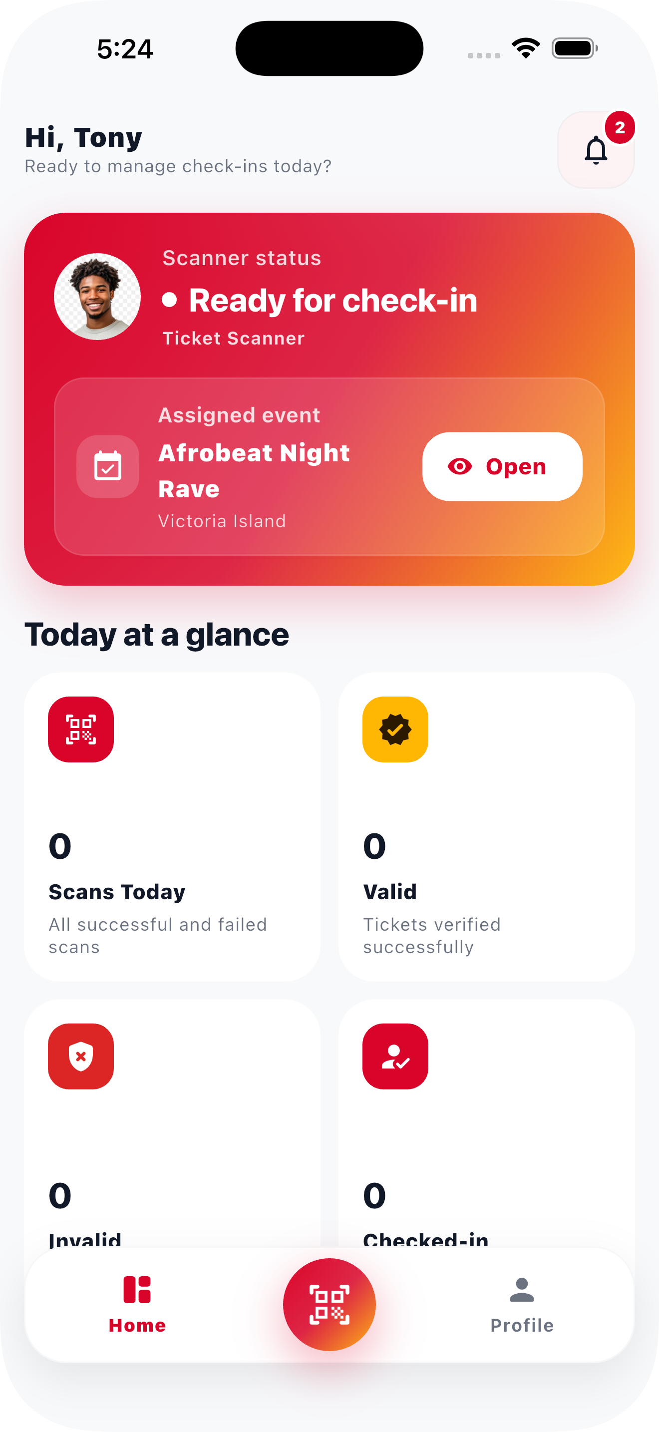 LafiaTix staff home screen